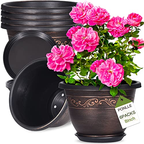 Plastic-Plant-Flower-Planters-8 Inch With Drainage Hole & Saucer, 6 Packs Lightweight Small Resin Pot Indoor Outdoor, Retro Antique Imitation Decorative Garden Containers Sets For Houseplants