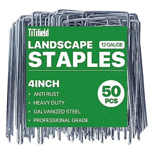 TiTifield Landscape Staples 4 Inch 50 Pack 12 Gauge, Garden Staples Galvanized Ground Stakes Anti-Rust Landscape Fabric Staples Garden Stakes for Irrigation Tubing, Fence, Weed Barrier, Ground Cover