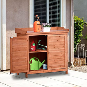Outdoor Storage Cabinet, Garden Potting Bench Table & Solid Wood Planting Work Bench with 2 Shelves, Side Hook & Splash Plate, Wooden Storage Cabinet for Backyard, Patio, Lawn