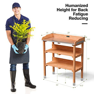 Giantex Garden Potting Bench, Outdoor Wood Workstation Table with Galvanized Steel Tabletop, 5 Hooks, 2-Tier Storage Shelves, Outside Work Station Potting Table with Raised Edge, Easy Assembly