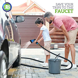 J&B XpandaHose 75ft Expandable Garden Hose with Holder - Heavy Duty Superior Strength 3750D - 4 -Layer Latex Core - Extra Strong Brass Connectors and 10 Spray Nozzle w/Storage Bag (Blue 75)