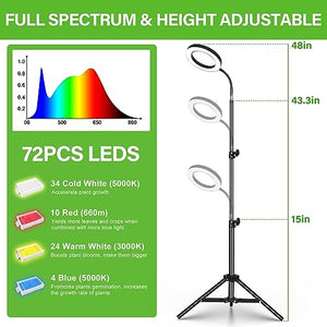 LORDEM Grow Light for Indoor Plants, Full Spectrum Plant Light with Auto Timer for 4/8/12H, 72 LEDs Growth Lamp with 4 Dimmable Levels, Height Adjustable Stand, Ideal for Tall Plants Growing