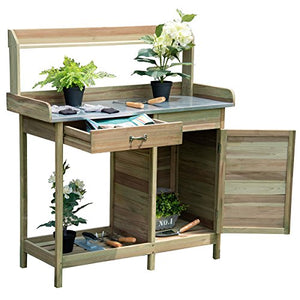 Giantex Potting Bench Table for Outside Natural Wood Garden Plant Lawn Patio Table Storage Shelf Metal Tabletop Outdoor Workstation Flower Pot Bench (Natural Fir w/Cabinet)