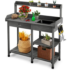 Giantex Potting Bench Table, Wood Garden Work Table with Sink Drawer Hooks and 3 Storage Shelves, Gardening Workstation for Yard Lawn Patio Indoor Outdoor Flower Plant Pot Bench, Gray