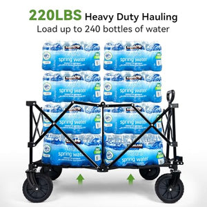 Hikenture Folding Wagon Cart, Portable Large Capacity Beach Wagon, Heavy Duty Utility Collapsible Wagon with All-Terrain Wheels, Outdoor Garden Cart Foldable Wagon for Sports, Shopping, Camping(Black)