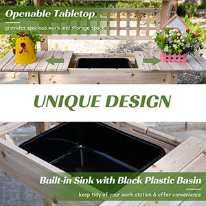 Outsunny Outdoor Potting Bench with Sliding Tabletop, Storage Shelf and Dry Sink, 2-Level Gardening Table, Wooden Workstation for Greenhouse, Garden, Patio, Natural
