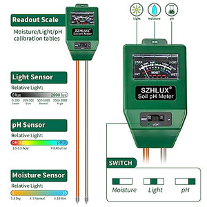 SZHLUX Soil Ggardening Tools 3-in-1 Moisture Meter Light & PH Tester for Plant Care, for Garden, Lawn, Farm, Indoor & Outdoor, 11.4in, Green