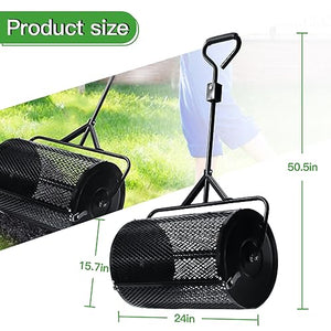 Compost and Peat Moss Spreader, 24 Inch Lawn & Garden 2 in 1 Push and Tow Behind Top Soil, Dirt, Manure Roller Spreaders, Durable Lightweight Yard Care Metal Mesh Basket Push Spreader