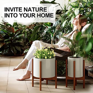 MUDEELA Adjustable Bamboo Plant Stand 8 to 12 Inches, Single Floor Stand for Indoor Plants, Dark Brown Planter Stand, Pot Plant Not Included
