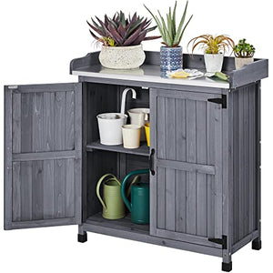 Topeakmart Potting Bench Table - Wooden Storage Cabinet with Removable Shelf & Flexible Space & Metal-Plated Tabletop for Outdoor Garden Patio, Gray