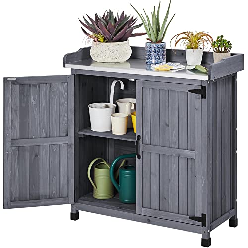Topeakmart Potting Bench Table - Wooden Storage Cabinet with Removable Shelf & Flexible Space & Metal-Plated Tabletop for Outdoor Garden Patio, Gray