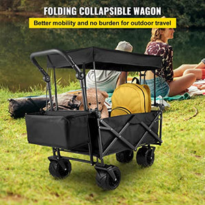 Happbuy Extra Large Collapsible Garden Cart with Removable Canopy, Folding Wagon Utility Carts with Wheels and Rear Storage, Wagon Cart for Garden, Camping, Grocery Cart, Shopping Cart, Black