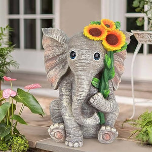 Outdoor Sculpture Figurine Statue Elephant Decor,Solar Garden Statues for Patio Home Yard Decor,Good Luck Sunflower Elephant for Women, Mom Gifts Housewarming Gift