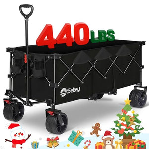 Sekey Collapsible Foldable Extended Wagon with 440lbs Weight Capacity, Heavy Duty Folding Utility Garden Cart with Big All-Terrain Beach Wheels & Drink Holders. Black