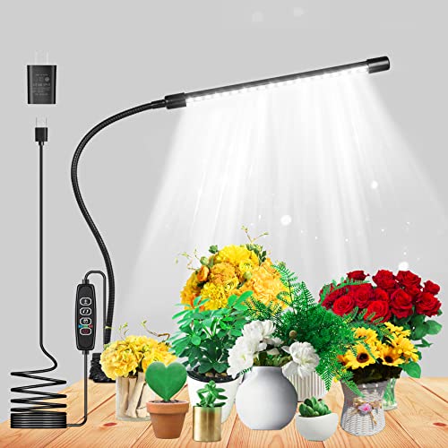 Grow Lights for Indoor Plants Growing, 6500K White LED Grow Lamp, 9 Dimmable Settings for Indoor Plants with White Spectrum, Adjustable Gooseneck, 3/9/12H Timer (Silver)