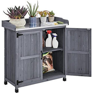 Topeakmart Potting Bench Table - Wooden Storage Cabinet with Removable Shelf & Flexible Space & Metal-Plated Tabletop for Outdoor Garden Patio, Gray