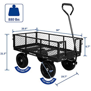 BILT HARD 880 lbs 10" Flat Free Tires Steel Garden Cart with 180° Rotating Handle and Removable Sides, Heavy Duty 4 Cu.Ft Capacity Utility Garden Carts and Wagons, Black