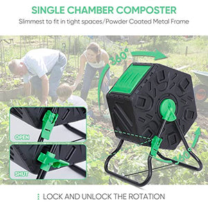 HomGarden Single Chamber Compost Tumbler for Garden and Outdoor, 18.5 Gallon High Volume Composter Bin with Sliding Door, Black