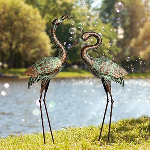 Shorayn Garden Crane Statues, Blue Heron Sculptures for Outdoor, Cranes Decor Metal Bird, Patina Garden Art Lawn Ornaments for Yard Patio Porch Outside Decorations