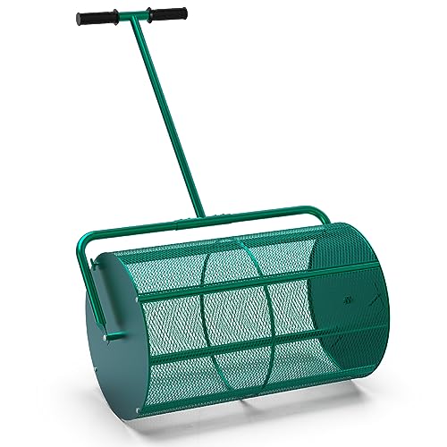 HIDALIFE Compost Spreader, 24'' Peat Moss Spreader Roller,Drop Fertilizer Grass Seed Spreader with Upgrade T Handle,Lightweight Metal Mesh Spreader Lawn & Garden Tool