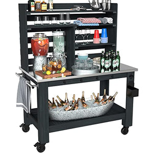 GDLF Potting Bench Table Large Outdoor Kitchen Island Prep Station with Stainless Steel Top Waterproof Cover, Hardwood, 66.9" H