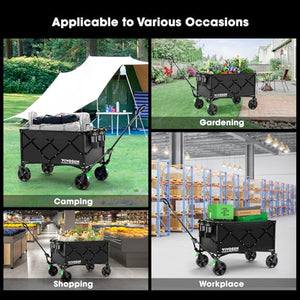 VIVOSUN Collapsible Folding Wagon, Outdoor Utility with Silent Universal Wheels, Cup Holders & Side Pockets, Adjustable Handle, for Camping, Garden, Sports, Picnic, Shopping, Black