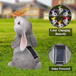 Sinhra Bunny Statue Decor-Rabbit with Solar Butterfly Changing Lights for Garden, Outdoor, Patio,Balcony,Yard,Lawn Ornament,Gardening Gifts for Mom Grandma