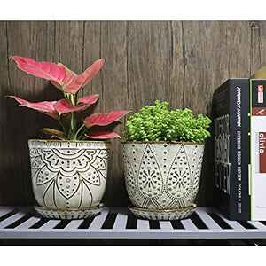 Gepege 6 Inch Beaded Ceramic Planter Set of 2 with Drainage Hole and Saucer for Plants, Indoor-Outdoor Large Round Succulent Orchid Flower Pot (Smoked Gray, Inner-pots not Larger Than 5 Inch)
