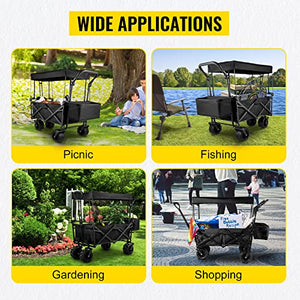 Happbuy Extra Large Collapsible Garden Cart with Removable Canopy, Folding Wagon Utility Carts with Wheels and Rear Storage, Wagon Cart for Garden, Camping, Grocery Cart, Shopping Cart, Black