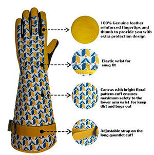 MSUPSAV Genuine Leather Garden Gloves&Gardening Gloves,Thorn Proof&Puncture Resistance Yard Work Gloves,Touchscreen Long Garden Gloves for Digging Planting Weeding,Gardening Gifts (Medium,Tuilp)