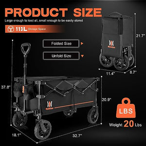Navatiee Collapsible Folding Wagon, Wagon Cart Heavy Duty Foldable with Two Drink Holders, Utility Grocery Wagon for Camping Shopping Sports, S2, Black