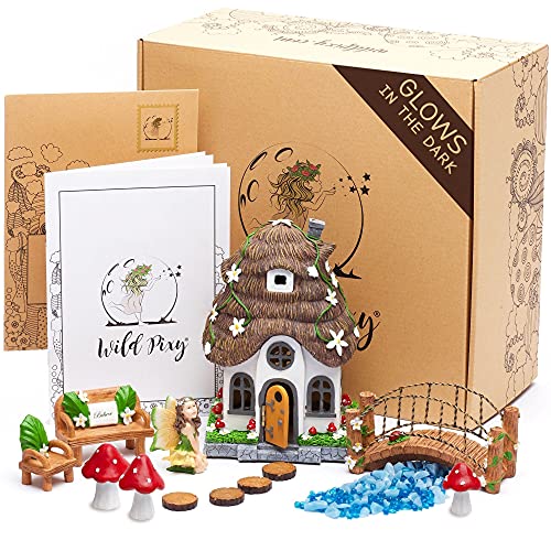 WILD PIXY Garden Kit - Glow in The Dark Fairy Accessories Set, 7.1" Fairy House with Opening Door and Solar LED Light, Glow Stones, Garden Decorations for Indoor or Outdoor