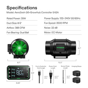 VIVOSUN AeroZesh G6 Inline Duct Fan, Quiet 6" 388 CFM Ventilation Exhaust Fan w/EC Motor and GrowHub E42A Temperature Humidity WiFi-Controller for Heating Cooling Booster, Grow Tents, Hydroponics