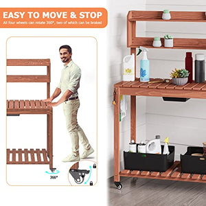Domenow Mobile Potting Bench -Natural Wood Large Garden Outdoor Work Bench w/Sliding Tabletop, 4 Locking Wheels, Food Grade Dry Sink, Storage Shelves - Brown Stain Finish
