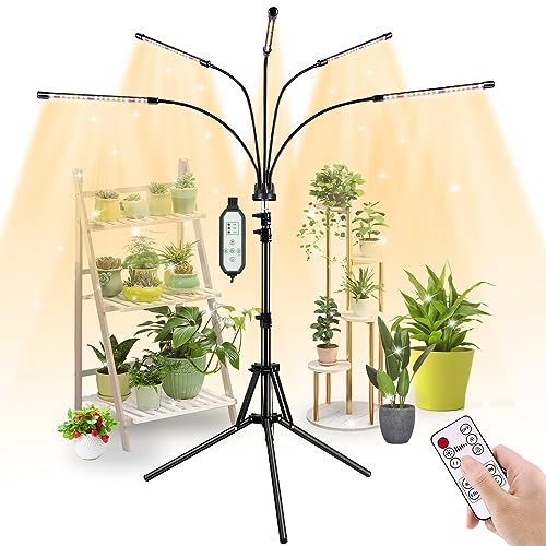 fyheart Grow Lights for Indoor Plants,Full Spectrum Grow Light with Adjustable Stand and Sturdy Clip,5 Light Tube,3 Light Modes,10 Dimmable Brightness,4/8/12 H Timer,360° Gooseneck,Remote Control
