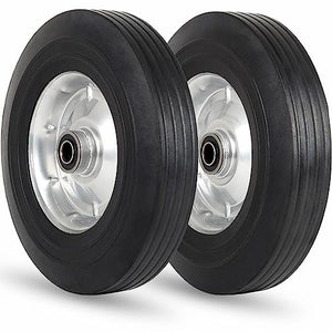 GICOOL 10" x 2.5" Flat Free Solid Rubber Tire with 5/8" Axle Bore Hole, 2 1/4" Offset Hub, Replacement 4.10/3.50-4" for Hand Truck Dolly Trolley WheelbarrowGarden Wagon Cart Generator, 2 Pack