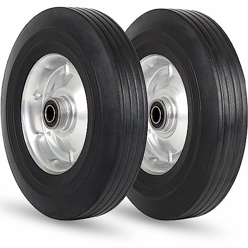 GICOOL 10" x 2.5" Flat Free Solid Rubber Tire with 5/8" Axle Bore Hole, 2 1/4" Offset Hub, Replacement 4.10/3.50-4" for Hand Truck Dolly Trolley WheelbarrowGarden Wagon Cart Generator, 2 Pack