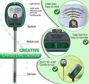 4-in-1 Soil Test Kit, Soil Moisture Meter/Soil PH Meter/Light/Fertility Soil Tester, Soil Hygrometer for Plant,Garden,Farm,Lawn Care Outdoor&Indoor Moisture Meter for House Plants (No Need Battery)