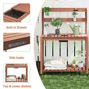 Domenow Mobile Potting Bench -Natural Wood Large Garden Outdoor Work Bench w/Sliding Tabletop, 4 Locking Wheels, Food Grade Dry Sink, Storage Shelves - Brown Stain Finish