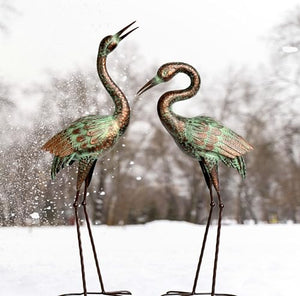 Shorayn Garden Crane Statues, Blue Heron Sculptures for Outdoor, Cranes Decor Metal Bird, Patina Garden Art Lawn Ornaments for Yard Patio Porch Outside Decorations