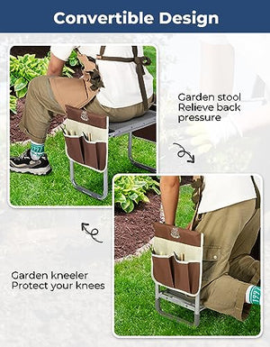 DEERFAMY Garden Stool 10.2" Width, Garden Kneeler and Seat Load Cap 350 lbs, Heavy Duty Gardening Stool with Extra Kneeling Pad, 2 Tool Pouches, Claw Gloves, Gift for Women Seniors, Brown