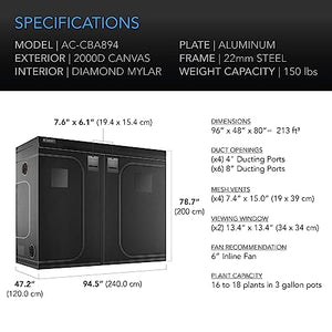 AC Infinity CLOUDLAB 894 Advance Grow Tent, 96”x48”x80” Thickest 1 in. Poles, Highest Density 2000D Diamond Mylar Canvas, 8x4 for Hydroponics Indoor Growing