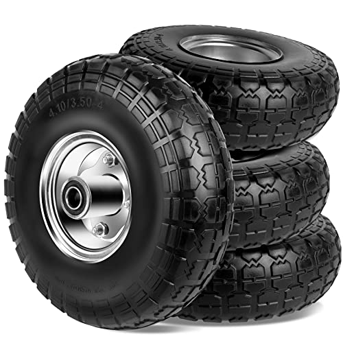 4.10/3.50-4 Tires and Wheels Flat Free 10 Inch Solid Tires Replacement with Universal 5/8" Axle Bore Hole, for Gorilla Garden Cart, Garden Wagon, Wheelbarrow, Hand Truck, Trolley, Lawn Mower, 4 Pack