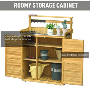 Outsunny Garden Potting Bench Table Wooden Workstation Shed with Tabletop, Hooks, 3-Tier Shelves Cabinet and 2 Magnetic Close Doors