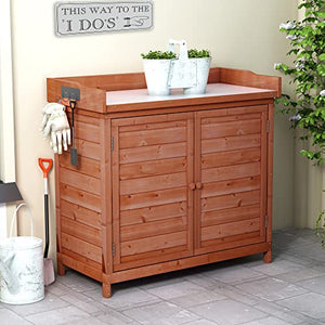 Outdoor Storage Cabinet, Garden Potting Bench Table & Solid Wood Planting Work Bench with 2 Shelves, Side Hook & Splash Plate, Wooden Storage Cabinet for Backyard, Patio, Lawn