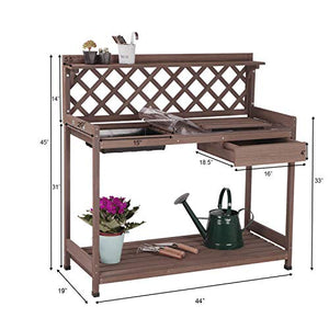 GUTINNEEN Potting Bench with PVC Layer, Sink, Lid, Gardening Work Bench Wooden Planting Table Outdoor with Storage, Drawer, Shelf, Hook