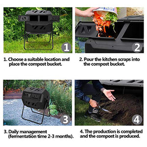 BBBuy Outdoor Compost Bin Dual Chamber Tumbling Composter Rotating w/Sliding Doors & Steel Frame, BPA Free Outdoor Composting Bin for Garden Yard Patio Lawn(43 Gallon, Black)