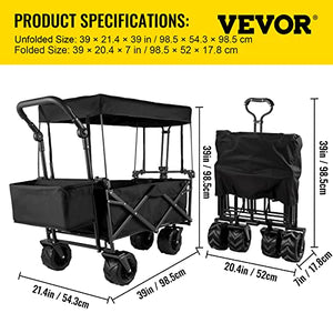 Happbuy Extra Large Collapsible Garden Cart with Removable Canopy, Folding Wagon Utility Carts with Wheels and Rear Storage, Wagon Cart for Garden, Camping, Grocery Cart, Shopping Cart, Black