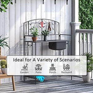 Outsunny Folding Potting Bench Table, Metal Garden Workstation, Work Bench with Large Built-in Bag with Cover, 5 Hanging Hooks & Storage Shelf, Leaf Pattern