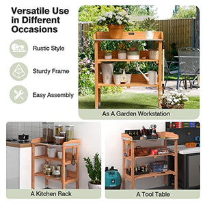 Giantex Garden Potting Bench, Outdoor Wood Workstation Table with Galvanized Steel Tabletop, 5 Hooks, 2-Tier Storage Shelves, Outside Work Station Potting Table with Raised Edge, Easy Assembly